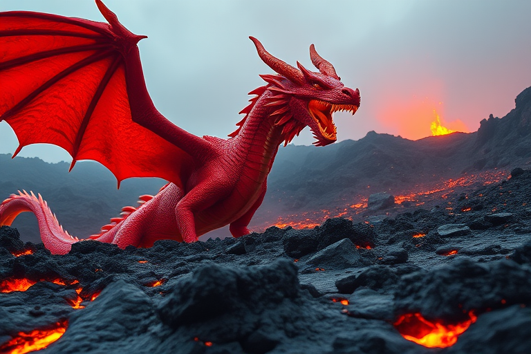 Create an image of a large red dragon breathing fire in a volcanic landscape, with molten lava flowing around it, using a DSLR camera with a 50mm lens, aperture f/1.8, ISO 100, and a low angle shot to emphasize the majesty of the dragon and the intensity of the scene.
