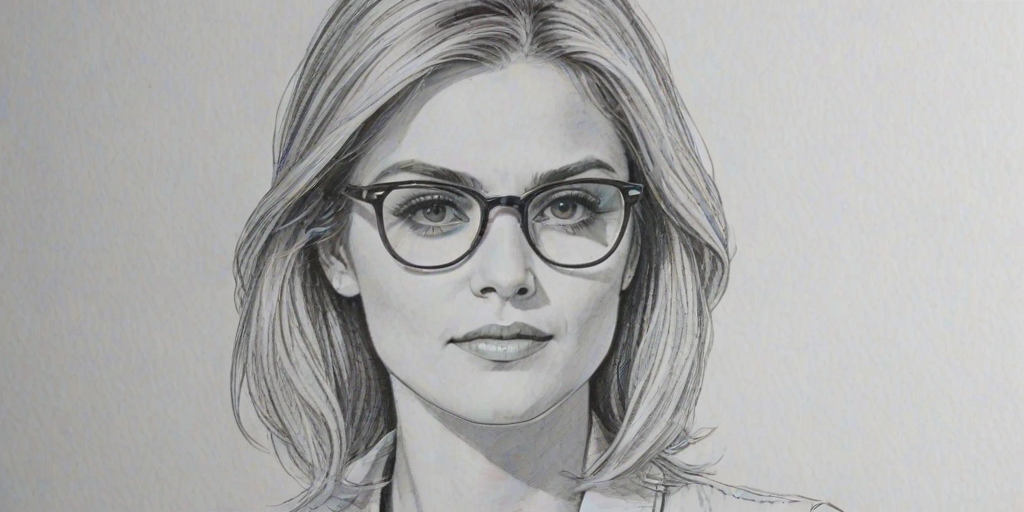 Elegant Eliza Coupe, pencil sketch, portrait of Appealing woman 1974s in glasses, hair style beatnik, outline, clear lines, fine lines, 8k