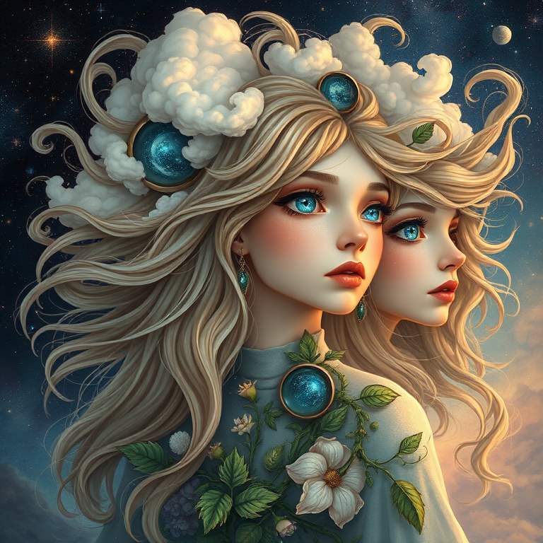 Create a series of imaginative portraits where each subject is infused with elements of fantasy and nature. The hair of the individuals should flow like clouds, varying from soft, fluffy cumulus to wispy cirrus strands, with hints of color reflecting a sunset or a clear blue sky. The eyes should be windows to entire galaxies, with stars, nebulae, and distant planets visible within them. Clothing should be adorned with nature motifs, such as floral patterns that bloom and change, vines that seem to grow and wrap around, or feathers that shimmer with iridescence. Each portrait should capture a unique personality, blending human features with the ethereal beauty of the natural and cosmic world. The backgrounds can vary, from starry night skies to enchanted forests, adding depth and context to the magical realism of the portraits