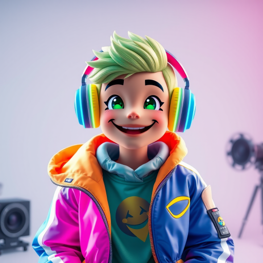 Create a vibrant digital character wearing a stylish jacket with neon accents and headphones, featuring a playful smiley face design, in a well-lit studio setting; camera settings: f/2.8 aperture, ISO 100, shutter speed 1/200s; camera view: close-up portrait; camera style: digital illustration; camera type: mirrorless camera.