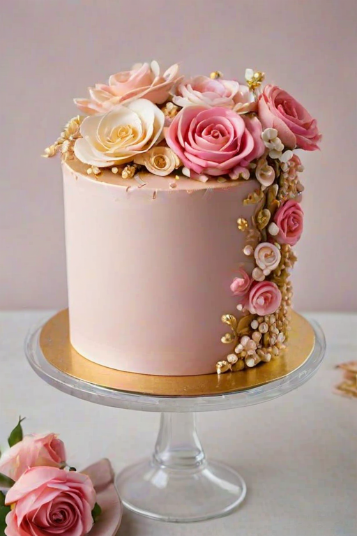 Create an elegant cake decorated with intricate sugar flowers in shades of pink and cream. Incorporate various sizes of roses and small blossoms, along with delicate golden beads for added detail. The cake should have a smooth, pastel pink frosting and an overall sophisticated appearance.