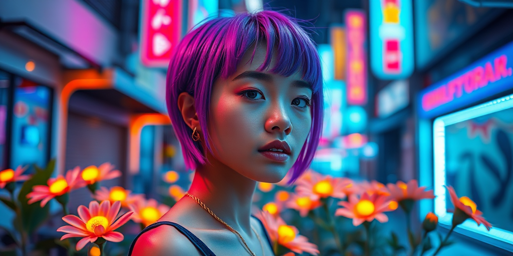 Create an image of a young woman with short, vibrant purple hair, illuminated by neon lights in a futuristic urban environment, featuring glowing flowers around her, shot in portrait mode with a Canon EOS R5, 85mm lens, f/1.2 aperture, ISO 100, and a low-light setting for enhanced color contrast and sharpness.