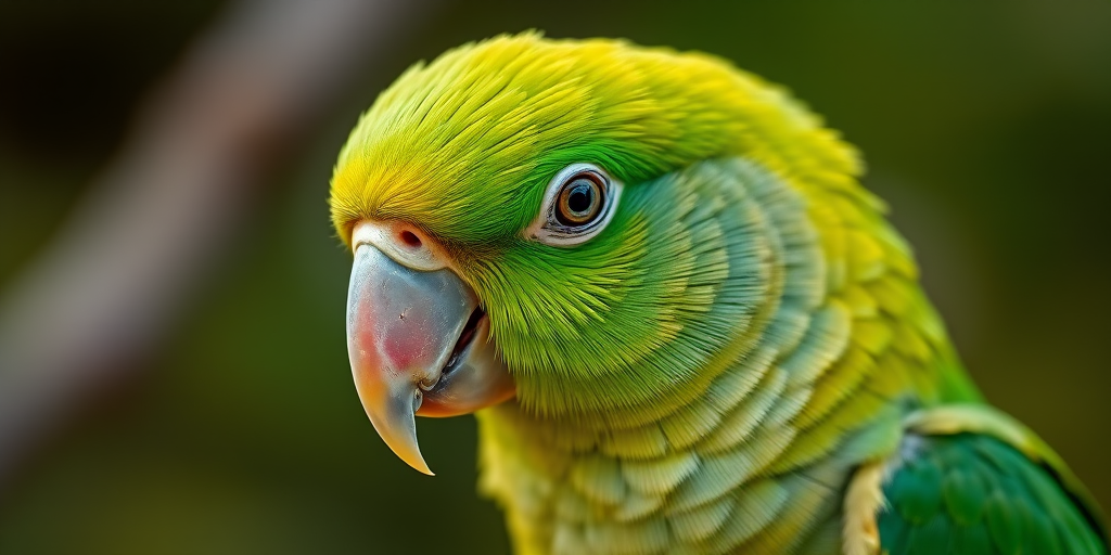 regenerate a high-resolution close-up image of a vibrant green parrot with a yellow crown, showing intricate feather details, using a DSLR camera with a 50mm lens at f/1.8, ISO 200, and a shallow depth of field, capturing natural light for enhanced color saturation