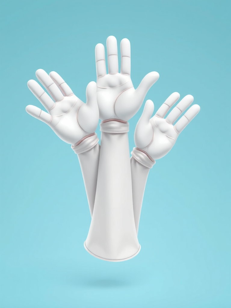 Create an illustration of three cartoonish white gloves making gestures in a playful arrangement, using a DSLR camera, 50mm lens, f/2.8 aperture, ISO 100, soft lighting to enhance details and colors.