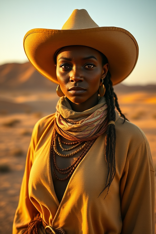 Dramatic photo of a beautiful Nubian woman, classic cowboy attire, confident and free spirit expression, half-length portrait, centered, golden hour desert landscape, warm, diffused light, low angle, medium format film camera, in style of Annie Leibovitz.