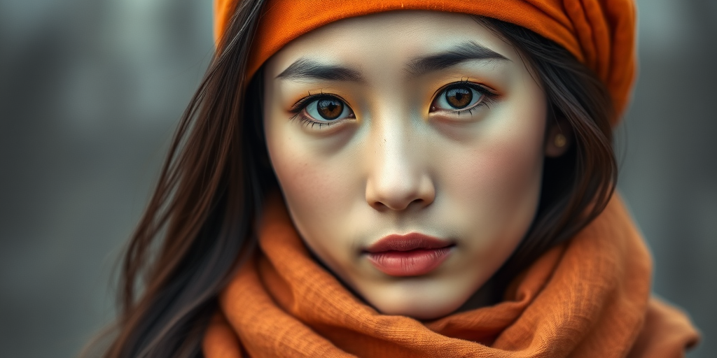 Create a portrait of a young Korean woman with long, dark hair and captivating hazel eyes. She is wearing a orange headscarf and a matching scarf draped gracefully around her neck. The background is softly blurred, focusing attention on her serene and natural expression. The overall color palette is muted and warm, enhancing the intimate and authentic feel of the portrait.