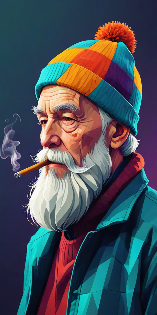create a geometric illustration of an elderly man with a beard wearing a beanie and smoking a pipe, viewed in profile with vibrant colors and clean lines