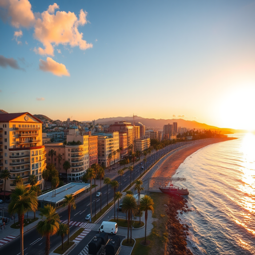 Capture a coastal cityscape at golden hour with vibrant buildings lining the waterfront, featuring palm trees and a busy street, taken with a DSLR camera, 35mm lens, f/8 aperture, ISO 100, 1/200s shutter speed, lens flare effect.