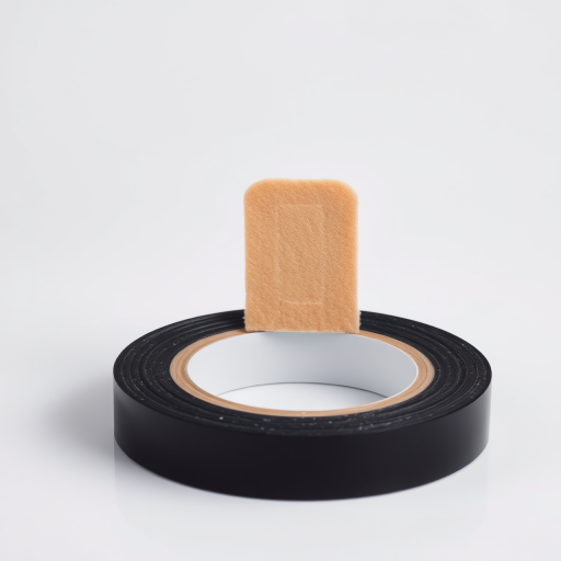 Create a detailed, high-resolution image of a black electrical tape roll and a beige adhesive bandage placed above it on a clean, white background, shot with a DSLR camera at f/8 aperture, 50mm lens, using a softbox for even lighting.