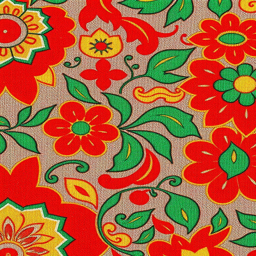 regenerate the image of a colorful fabric pattern featuring intricate floral designs in vibrant red, green, and yellow hues using a DSLR camera, aperture f/5.6, shutter speed 1/125s, ISO 100, in a macro view for enhanced detail and clarity