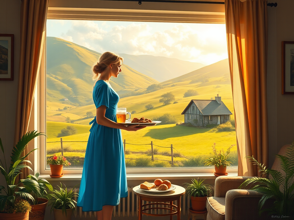 In "A Glass of Beer on the Highland," a serene scene is depicted in a sunlit room where a woman in a vibrant blue dress stands by a large window. She holds a tray with a hearty meal and a frothy glass of beer, embodying a moment of relaxation. Outside, the breathtaking highland landscape features rolling green hills and a charming traditional house, all bathed in warm afternoon light. The interior is adorned with potted plants, creating a harmonious blend of comfort and nature. The painting beautifully captures the tranquility and joy found in simple pleasures amidst stunning scenery