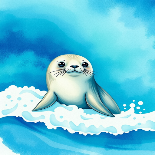 Create a high-resolution watercolor illustration of a cute seal on a wave, with vibrant shades of blue and green in the background, using a Canon EOS R5, f/8 aperture, 1/200s shutter speed, and an ISO of 100 for enhanced clarity and detail.