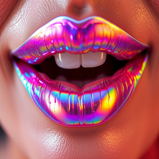 Holographic lips shimmering with iridescent rainbow hues, catching and reflecting light from every angle, creating a mesmerizing and otherworldly effect