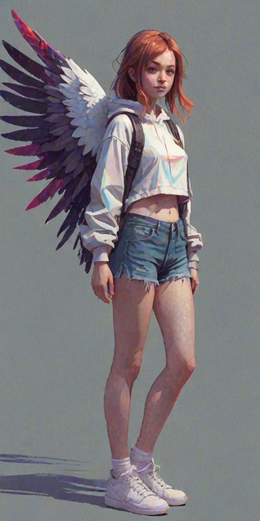 1girl, pixelated, limited palette, glitch, glitching, glitch art, scanlines, chromatic aberration, wings, casual clothes, feathers