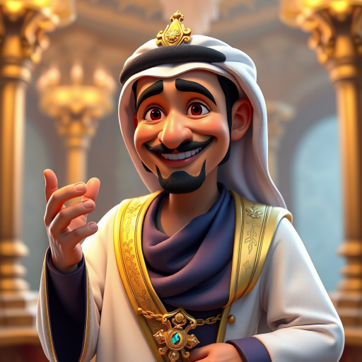 Create a 3D rendering of a wealthy Arab male sheikh from Dubai, inspired by the Disney animation style. The sheikh must have a smile and a playful but wise character. Place your character in an atmosphere of wealth and luxury. The image must be in high resolution format. Dynamic pose above the waist, gesturing with hands (Pixar Art style)++ highly detailed digital painting, art stations, concept art, soft focus, hard focus, illustrations. cinematic, visual effects, HDR, Unreal Engine 5, ray tracing, soft light, 8k, high detail, sparkling backlighting, luxury gem, game art, 3d, cartoon, colorful, magical, mysterious