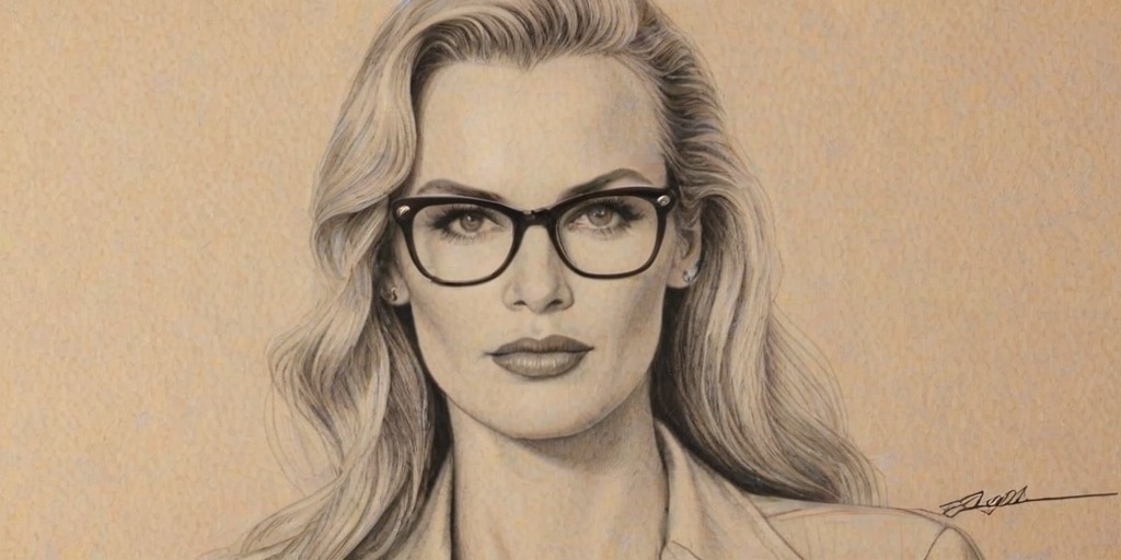 Fascinating Daryl Hannah, pencil sketch, portrait of Resplendent woman 1940s in glasses, hair style beatnik, outline, clear lines, fine lines, 8k