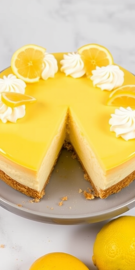 Create an image of a lemon cheesecake with a smooth yellow top, decorated with swirls of whipped cream and small lemon slices on top, set on a round gray serving platter with a slice removed revealing the creamy interior and crumbly crust.