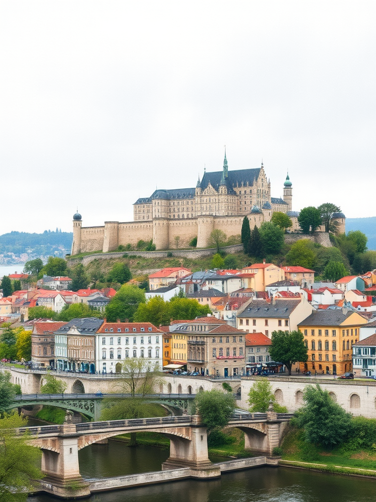 Create a watercolor depiction of a scenic cityscape featuring a castle on a hill, with historic buildings and a river in the foreground, shot with a Canon EOS R5, 24mm lens, f/8 aperture, ISO 100, soft focus style, landscape orientation.