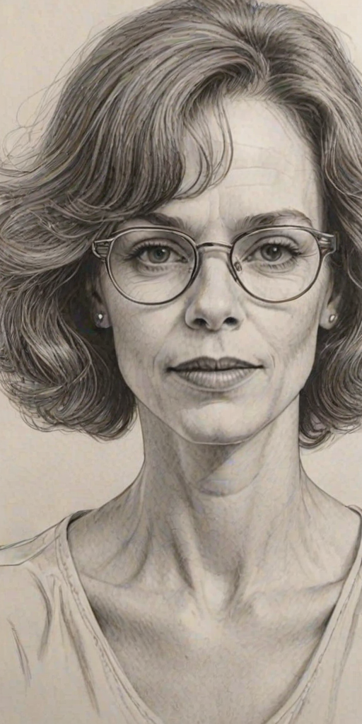 Captivating Judy Davis, pencil sketch, portrait of Radiant woman 1974s in glasses, hair style beatnik, outline, clear lines, fine lines, 8k