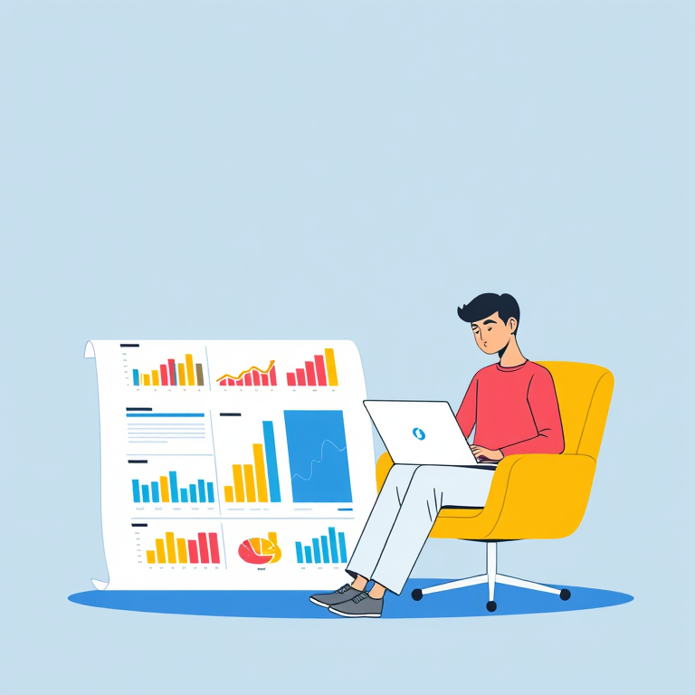 Generate a high-quality illustration of a person sitting on a chair with a laptop, next to a large document displaying colorful graphs and charts, shot with a Canon EOS R5 at f/8, ISO 100, 24mm lens, in a bright, minimalist style with a flat blue background.
