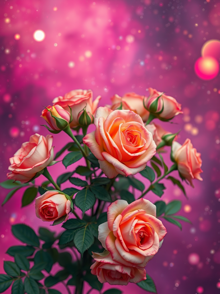 A vibrant cosmic background with a blend of pink, purple, and yellow hues, featuring lush, blooming roses in various stages of bloom intertwined with green leaves, captured with a Canon EOS R5, 50mm lens, f/2.8 aperture, ISO 100, soft focus style.