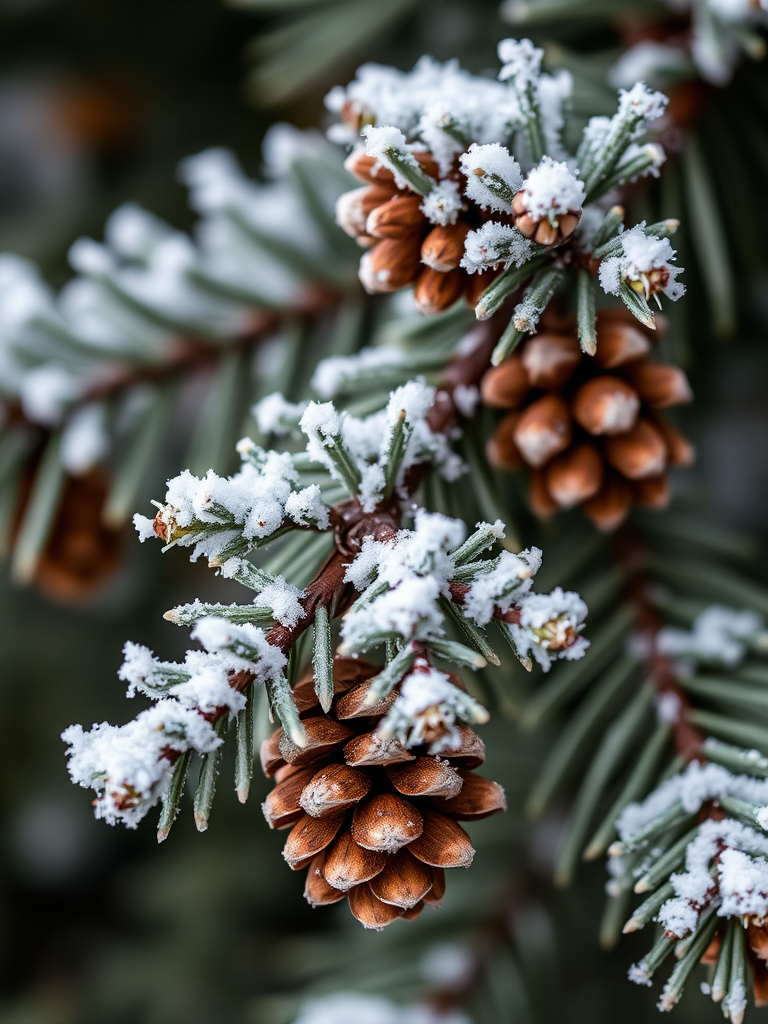 frosted pine branches with cones, macro shot, shallow depth of field, ISO 200, aperture f/2.8, 50mm lens, natural lighting, DSLR camera, focus on textures and details