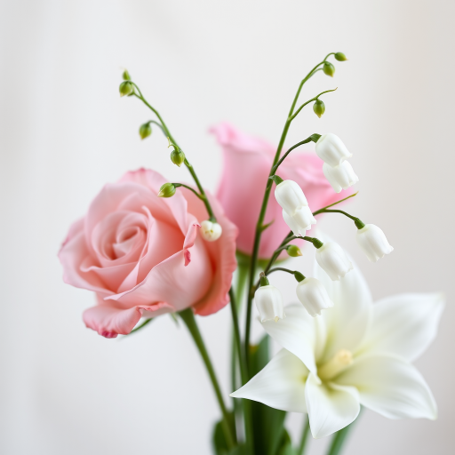 photograph a bouquet featuring a pink rose and white lily of the valley against a softly blurred background, use a Canon EOS R5, 50mm f/1.2 lens, aperture f/2.8, ISO 100, natural light, shallow depth of field to enhance detail and focus on the flowers
