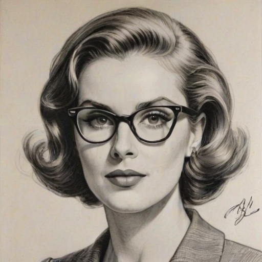 Splendid Sophie Thatcher, pencil sketch, portrait of Dazzling woman 1959s in glasses, hair style beatnik, outline, clear lines, fine lines, 8k