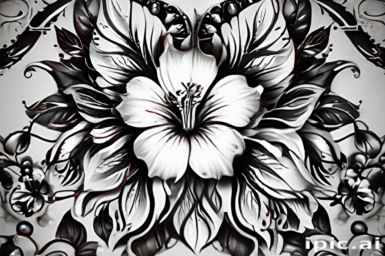 Intricate Black and White Floral Design Featuring a Central White Blossom
