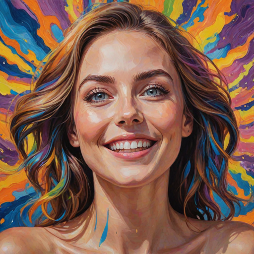 Generate a psychedelic portrait of a woman's happy face with brushstrokes of a woman smiling and looking up at the sky, emphasizing bright and bold colors. The dominant color should be deep blue, with swirling patterns of yellow, green, pink, purple and orange. open blue eyes with long eyelashes, apply an orange-yellow eyeshadow for a mesmerizing effect.