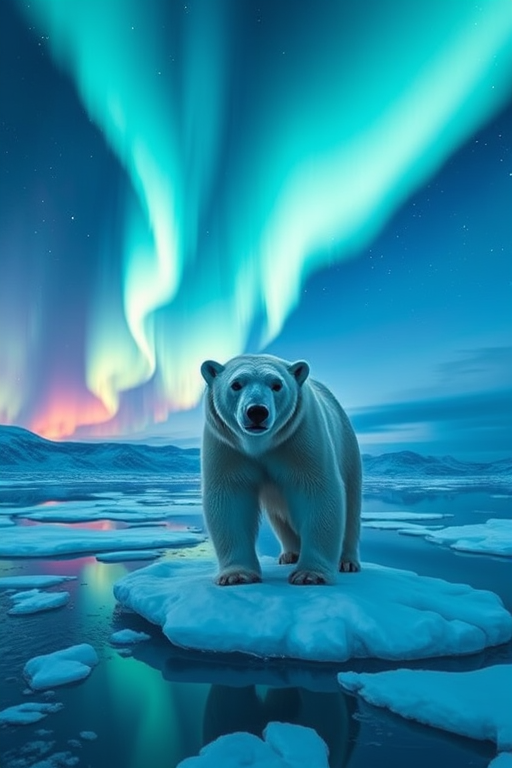 create a digital artwork of a majestic polar bear standing on an ice floe with vibrant northern lights in the sky, capture with a Canon EOS R5, using a wide-angle lens at f/8, ISO 200, and a long exposure of 15 seconds to enhance color and detail in the auroras and bear texture.