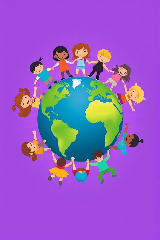 Create a colorful illustration of children holding hands around the Earth, set against a vibrant purple background, using a digital art style with high resolution, camera settings at f/11, ISO 100, and a 50mm lens to enhance clarity and vibrancy.