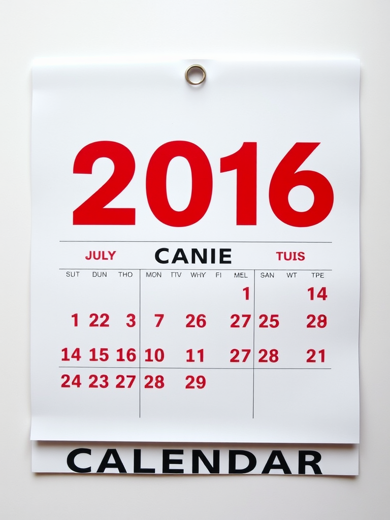 Create a high-resolution image of a 2016 calendar with large red numbers for the year and bold black text for the word "CALENDAR," featuring a clean, minimalistic design, taken with a DSLR camera at f/8 aperture, ISO 100, shutter speed 1/60 sec, in a well-lit studio environment with a top-down view.