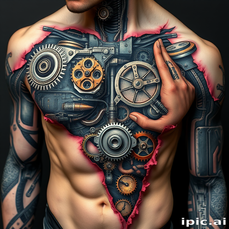 Hyper-realistic 3D biomechanical tattoo titled "Cybernetic Fusion" depicting exposed metallic gears pistons and circuitry seamlessly integrated with human anatomy revealing a complex inner workings of a cyborg beneath torn flesh with incredible attention to detail in shading and highlights creating a stunning illusion of depth and dimensionality on the skin