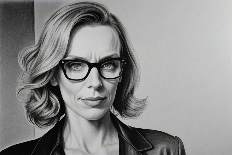 Alluring Toni Collette, pencil sketch, portrait of Superb woman 1945s in glasses, hair style beatnik, outline, clear lines, fine lines, 8k