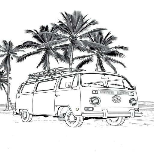 Generate a high-resolution black and white line drawing of a vintage van parked under palm trees by the beach, using a DSLR camera with a 24mm lens, f/8 aperture, ISO 100, shot from a low-angle view to enhance depth and detail.