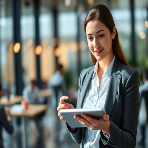 professional woman in a modern office setting holding a tablet, natural light, shallow depth of field, aperture f/2.8, 50mm lens, ISO 200, focused on subject, soft bokeh background, high resolution, close-up view, camera type DSLR