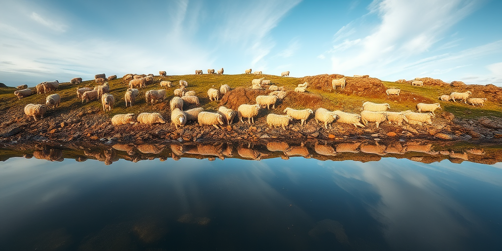 Wide-angle shot of a serene landscape featuring a flock of sheep resting by a rocky shore reflected in still water, captured with a Canon EOS R5, f/8 aperture, ISO 100, 1/200 sec shutter speed, natural lighting.
