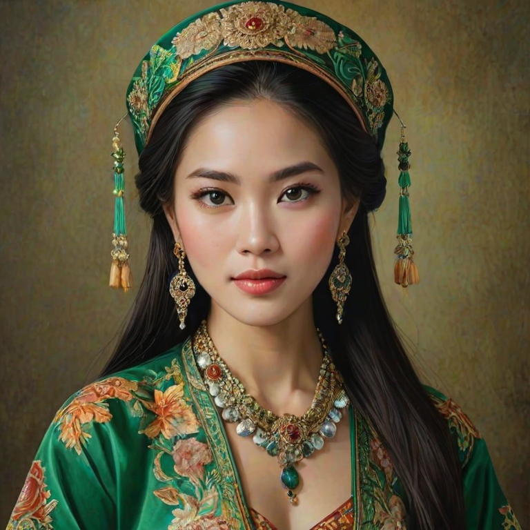 Create a portrait of a beautiful Vietnamese woman with striking green eyes and a gentle expression. She is adorned in traditional attire with intricate patterns, including a richly embroidered headscarf and matching garments. Her jewelry includes a delicate headpiece, dangling earrings, and ornate bracelets, all featuring vibrant gemstones and detailed metalwork. The background is soft and warm, enhancing the rich colors of her outfit and jewelry.
