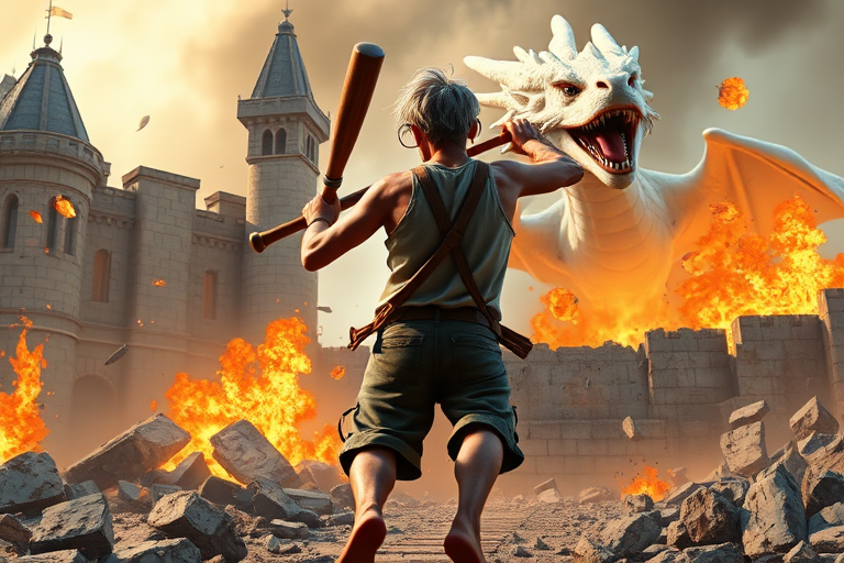 Cartoon 3D High-Resolution,dynamic battle scene using Unreal Engine 5 and Octane Render. The scene features back of an elderly, thai man with a beard,messy hair and round golden-rimmed glasses. He is wearing a tattered tank top with soot marks, shorts, and sandals. sweating. he wields a baseball bat. He jump to fight with a white fire-breathing Europe dragon amidst a partially destroyed stone castle. Include intense flames, smoke, and debris to enhance the dramatic effect.