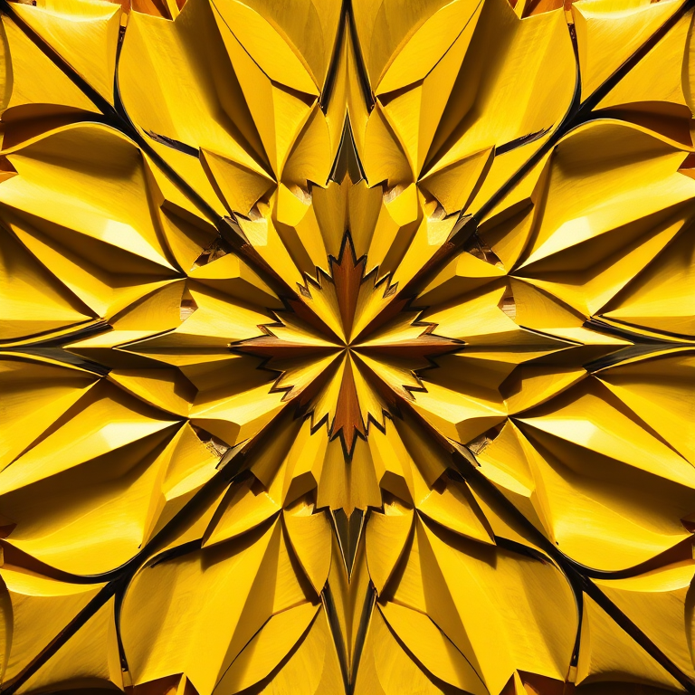 create an abstract geometric pattern with varying shades of yellow and gold, using a DSLR camera with a 50mm lens at f/2.8, ISO 100, shot from a top-down view in natural light to capture intricate details and enhance vibrancy.