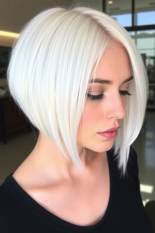 Sleek platinum blonde bob known as "Arctic Whisper" boasts razor-sharp edges and a glass-like shine, accented with delicate ice-blue lowlights for added dimension