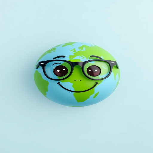 Create a smiling cartoon Earth character with glasses on a light blue background using a Canon EOS R5, 50mm lens, f/1.8 aperture, ISO 100, soft lighting, and a flat lay style.