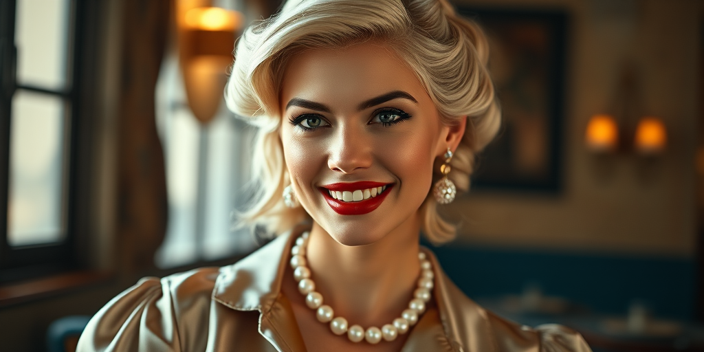 A beautiful Inca woman reminiscent of 1950s Hollywood glamour, with perfectly styled blonde hair and a seductive smile, dressed in a satin blouse and adorned with pearls, soft and warm tones, photorealistic, 8K