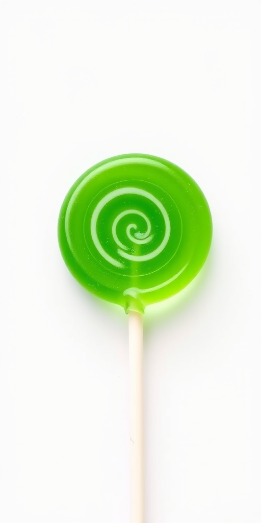 Create a high-resolution image of a green lollipop on a white background, using a DSLR camera at f/2.8 aperture, 50mm focal length, and ISO 100, with a soft focus effect and natural lighting.