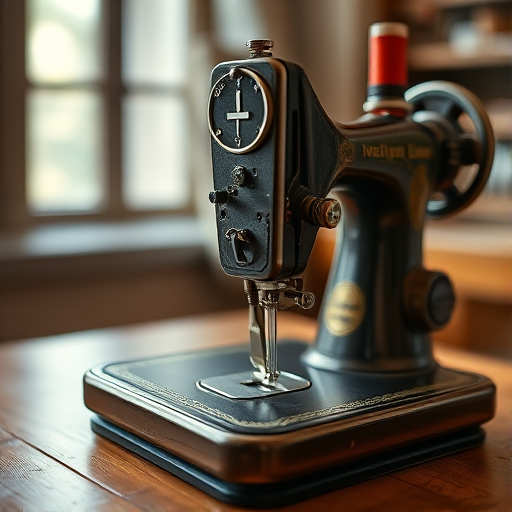 Create a high-resolution image of a vintage sewing machine on a wooden table with a shallow depth of field, using a Canon EOS R5 at f/2.8, ISO 200, and a 50mm lens, focusing on the needle and thread while maintaining a soft, blurred background to enhance details.