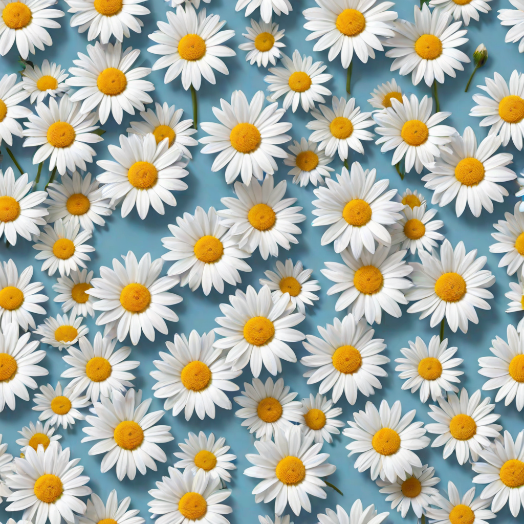 Create a seamless pattern featuring a light blue background filled with white daisies. Each daisy should have a bright yellow center and a simple, clean design. The flowers should be evenly spaced, creating a harmonious and cheerful floral pattern.