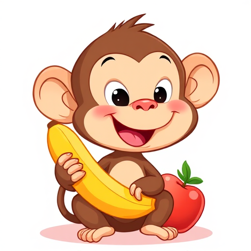 Generate a cute cartoon monkey holding a banana and an apple, with a playful expression, using a high-resolution digital art style, 50mm lens, f/2.8 aperture, soft lighting, and 300 DPI resolution.