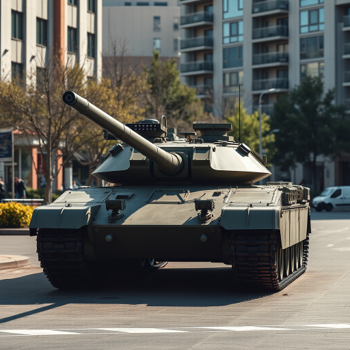 Create a high-resolution image of a military tank in an urban setting during daylight, captured with a Canon EOS R5, 24mm lens, aperture f/8, ISO 100, and shutter speed 1/200s, using a wide-angle view to emphasize the surroundings and details of the tank.