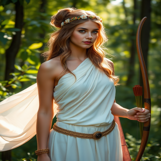 Create a portrait of a goddess-like Coptic girl figure in a tranquil, forested environment. She has an elegant appearance with long, wavy hair styled in an updo and adorned with a delicate, floral headband. She wears a flowing, ancient Greek-inspired gown in a soft, pale color, featuring a one-shoulder design and draped fabric that accentuates her graceful form. The outfit includes a decorative belt with ornate gold detailing, and she holds a bow in her hand, with a quiver of arrows slung over her shoulder. The background depicts lush greenery, with sunlight filtering through the trees, casting a gentle, ethereal light on the scene. Her expression is calm and contemplative, embodying a sense of wisdom and serenity.